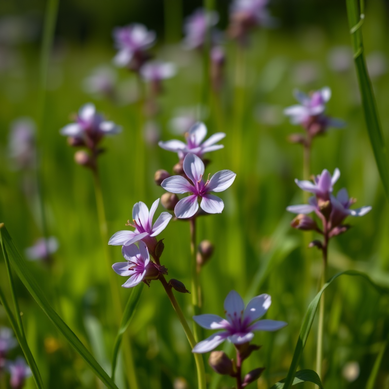 Capture a close-up shot of delicate purple flowers in a lush green field, use a shallow depth of field to blur the background, with a macro lens at f/2.8, ISO 200, shutter speed 1/500s, natural lighting, and a DSLR camera to enhance image quality.