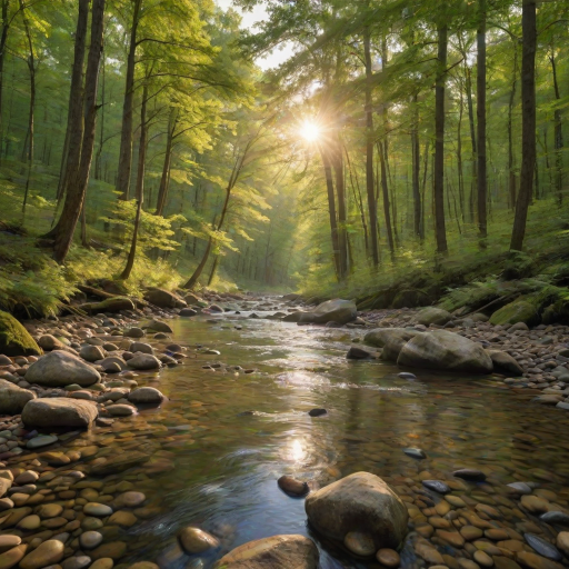 Create an image of a serene, sunlit forest scene with a clear, gently flowing river. Tall trees with lush green foliage line both sides of the river, their leaves bathed in the warm golden light of the setting or rising sun. The sunlight filters through the trees, casting soft, dappled light on the river, which flows over smooth rocks and pebbles, creating a peaceful, natural atmosphere. The sky is bright with a few scattered clouds, and the overall mood is tranquil, evoking a deep sense of connection with nature. The image captures the beauty of a calm, pristine forest landscape at either dawn or dusk.