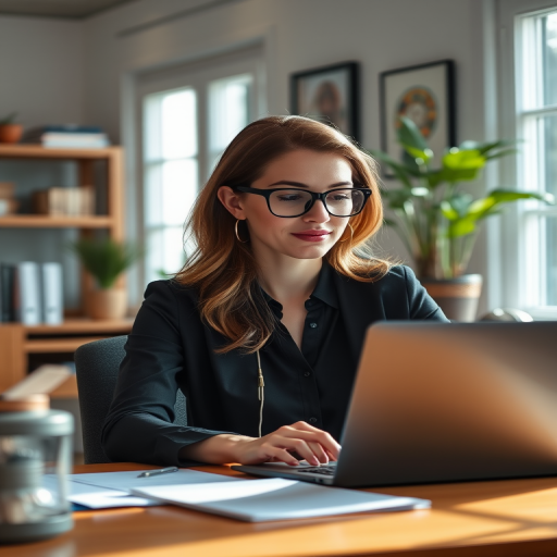 A professional woman with glasses sitting at a desk in a cozy, well-lit office, reviewing documents on a laptop, natural light streaming through a window, f/2.8 aperture, ISO 200, 35mm lens, shallow depth of field, focus on the subject, soft bokeh background.