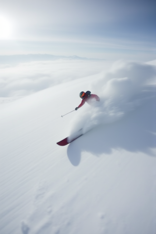 Blurry action shot of a snowboarder carving down a powdery slope, snow flying up around them, distant mountains barely visible through the fog, and the adrenaline of the descent.