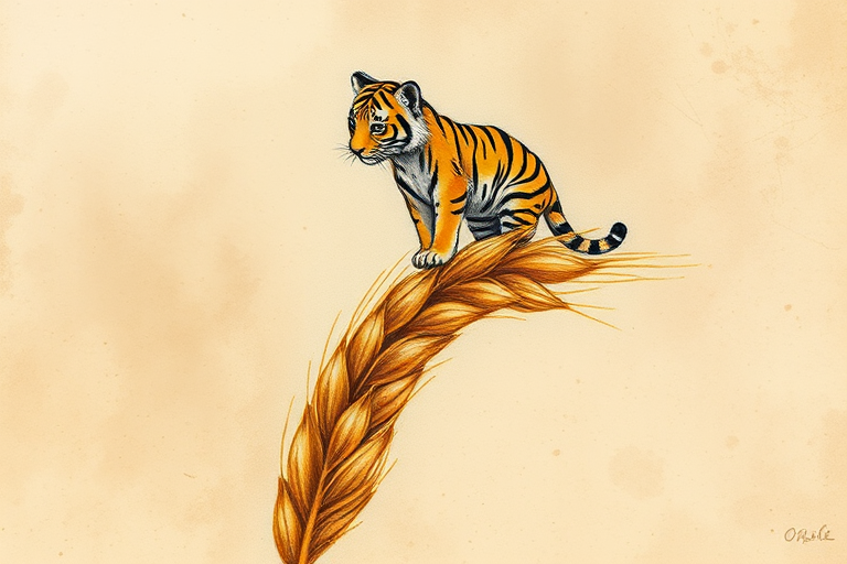 Soft, muted Alcohol Ink with ebru effect background image of tiny whimsical tiger, who climbed high on the top of a golden rye ear.