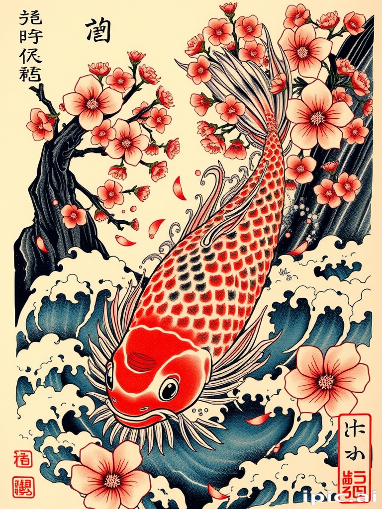 Japanese irezumi tattoo called "Koi Ascension" depicting a large-scale traditional scene of koi fish swimming upstream amidst cherry blossoms and turbulent waves with bold colors and black outlines