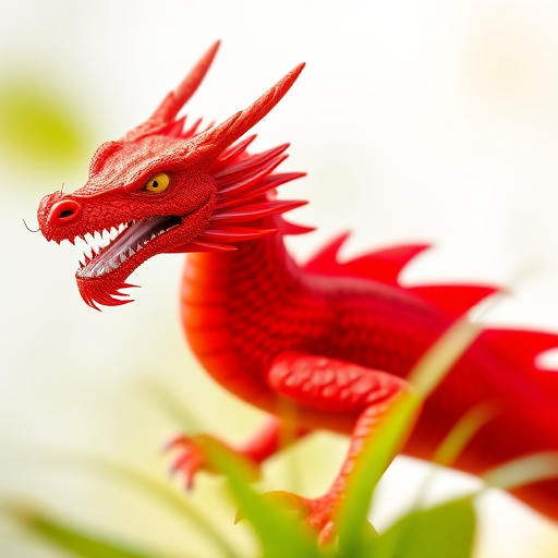 Create an image of a vibrant red dragon on a white and green background, captured with a DSLR camera at f/5.6, ISO 200, 24mm focal length, shallow depth of field, in daylight for optimal color richness and clarity.