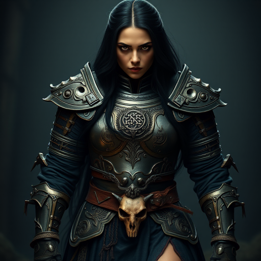 Create a photo of a fierce Kurdish female warrior with long black hair, wearing an ornate, metallic armor. The armor includes a breastplate with intricate designs, shoulder guards, and gauntlets. The breastplate is decorated with a central emblem, possibly representing a mythical symbol, and has a sculpted, form-fitting design. She wears a belt with a large skull ornament at the center, and her armor extends into a partial skirt, revealing one leg. The overall look is both protective and stylish, with a dark, gothic aesthetic. The background is dimly lit, suggesting a medieval or fantasy setting, enhancing the warrior's imposing presence and intense expression.