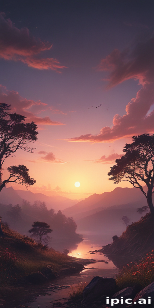 Serene Sunset Over Rolling Hills and Tranquil River in Nature's Embrace