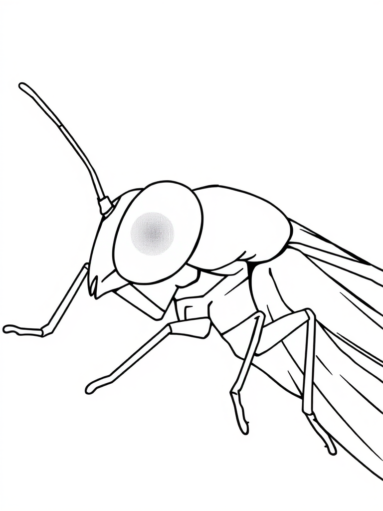 Create a minimalist line art illustration of a lying insect with a large eye, captured in a close-up view using a DSLR camera with a 50mm lens, aperture at f/2.8, ISO 100, and natural lighting to enhance clarity and details.