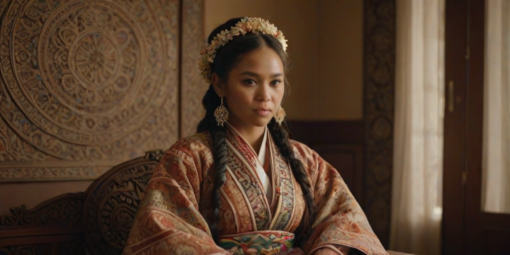 A beautiful Aboriginal Australian woman in traditional East Asian attire, intricately detailed with embroidered patterns, sitting gracefully in a richly decorated room, soft ambient lighting, serene and elegant, ultra-realistic, 8K resolution