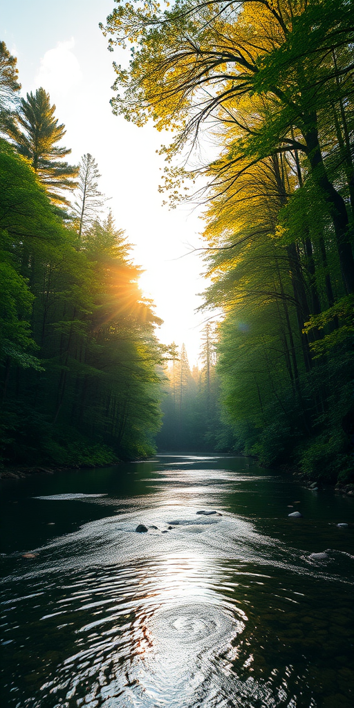 Create an image of a serene, sunlit forest scene with a clear, gently flowing river. Tall trees with lush green foliage line both sides of the river, their leaves bathed in the warm golden light of the setting or rising sun. The sunlight filters through the trees, casting soft, dappled light on the river, which flows over smooth rocks and pebbles, creating a peaceful, natural atmosphere. The sky is bright with a few scattered clouds, and the overall mood is tranquil, evoking a deep sense of connection with nature. The image captures the beauty of a calm, pristine forest landscape at either dawn or dusk.