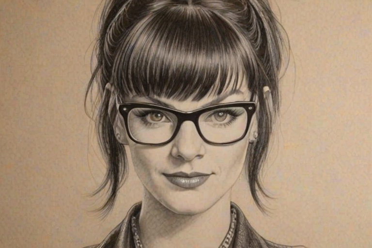 Superb Pauley Perrette, pencil sketch, portrait of Radiant woman 1925s in glasses, hair style beatnik, outline, clear lines, fine lines, 8k