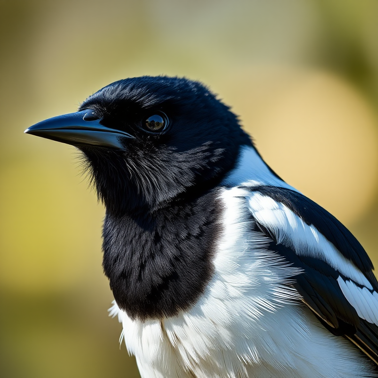 Create a highly detailed illustration of a magpie with vibrant black and white feathers, using a Canon EOS R5, 50mm lens, f/1.8 aperture, 1/200 sec shutter speed, and natural lighting to enhance image quality and clarity.