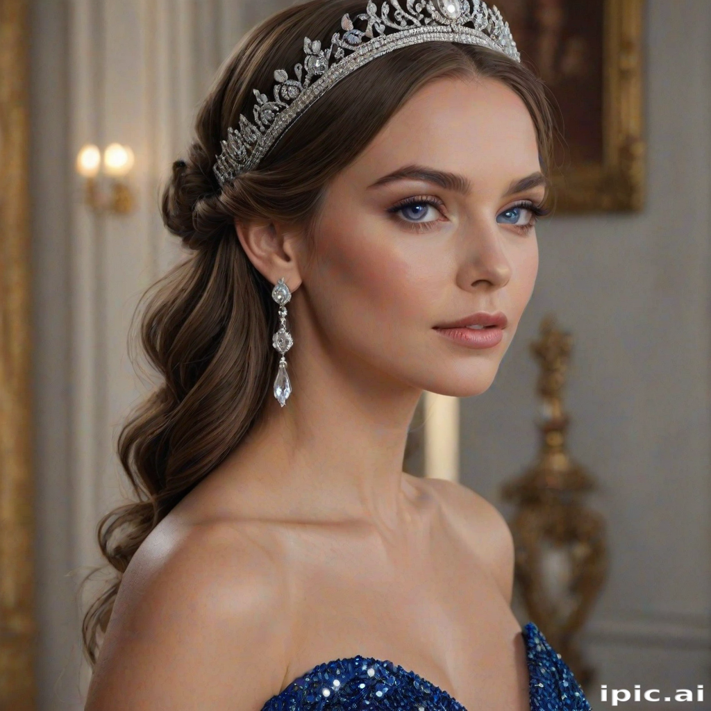 A gorgeous woman in a luxurious blue gown, accessorized with a dazzling tiara and statement earrings, her deep blue eyes highlighted by impeccable makeup, poised in a royal setting, photorealistic, 8K quality
