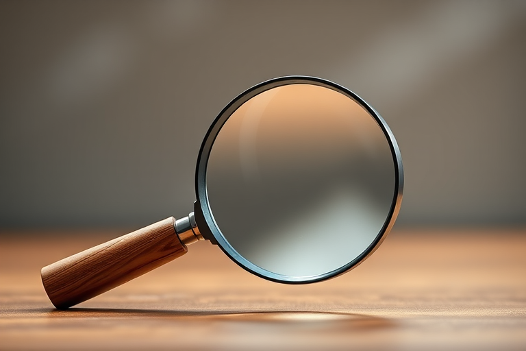 create a high-resolution vector-style image of a magnifying glass with a clear lens and wooden handle under soft lighting, using a 50mm f/1.8 lens, at ISO 100, aperture set to f/4, with a shallow depth of field for a smooth background blur, shot from an eye-level angle with a 45-degree tilt to add dimension.