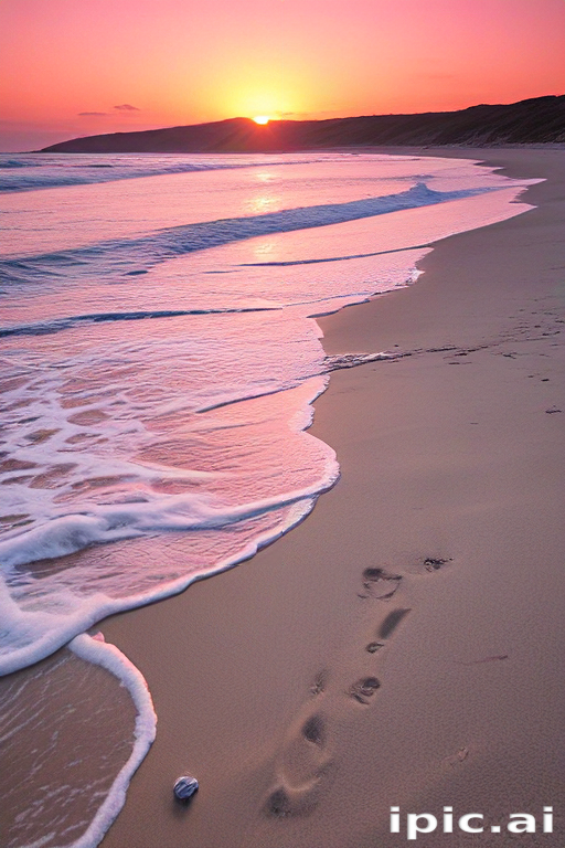 Serene Sunset Over Tranquil Beach with Gentle Waves and Footprints