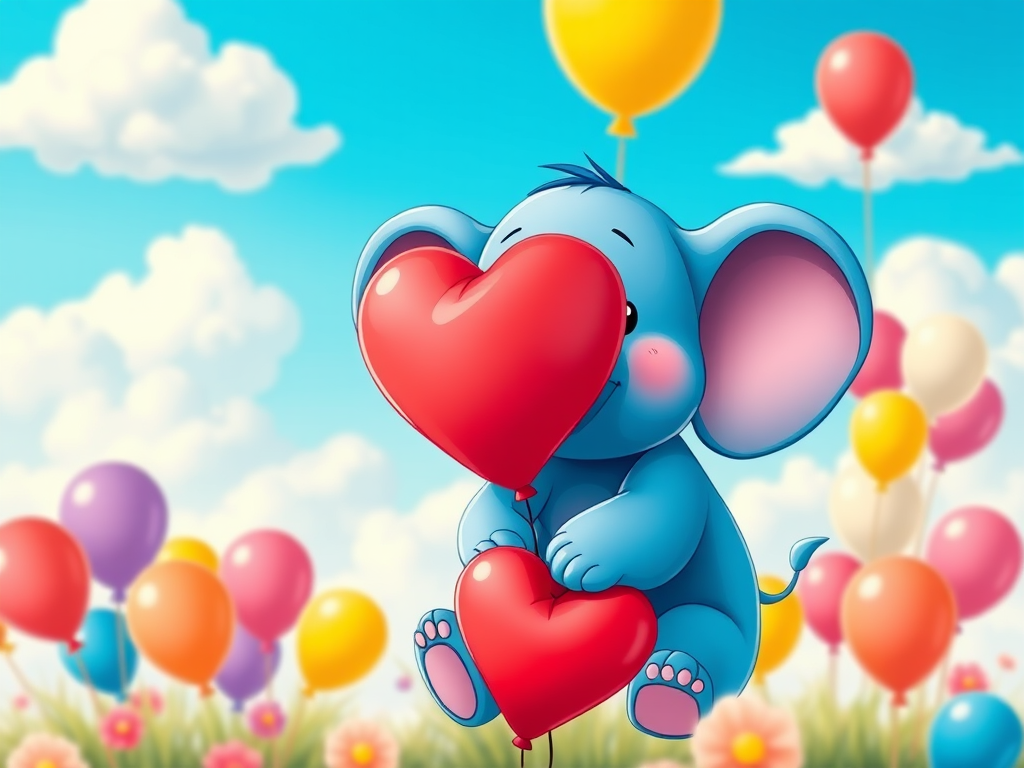 Generate a vibrant cartoon image of a cute blue elephant holding a heart-shaped balloon against a blue sky with fluffy clouds and colorful balloons, using a Canon EOS 90D, aperture f/4.5, ISO 100, 24mm focal length, in a bright and playful style.