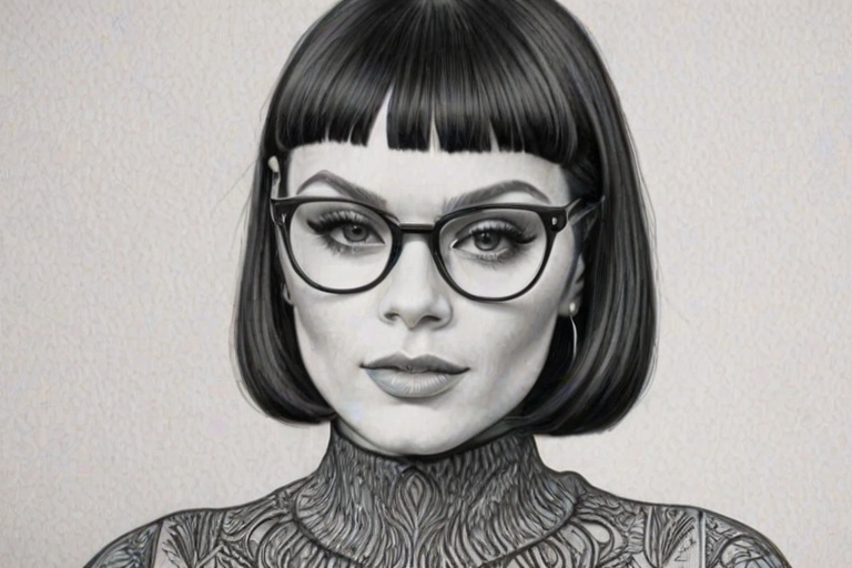 Enchanting Jessie J, pencil sketch, portrait of Fascinating woman 1967s in glasses, hair style beatnik, outline, clear lines, fine lines, 8k