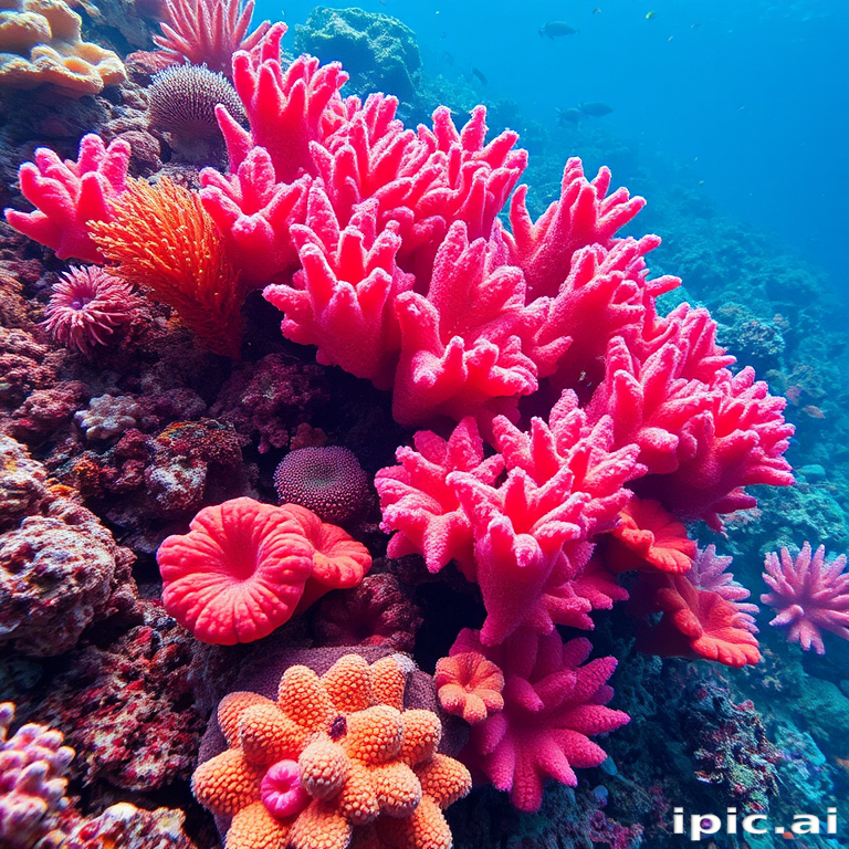 Underwater coral reef bursts with vibrant pinks, oranges, and blues in a textured, layered style that mimics the diverse ecosystem of tropical waters
