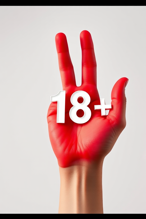 regenerate an image of a raised red hand with the number "18+" prominently displayed in white, use a DSLR camera with a 50mm lens, aperture set to f/2.8, ISO 100, shallow depth of field, front view, high-resolution studio lighting techniques to emphasize colors