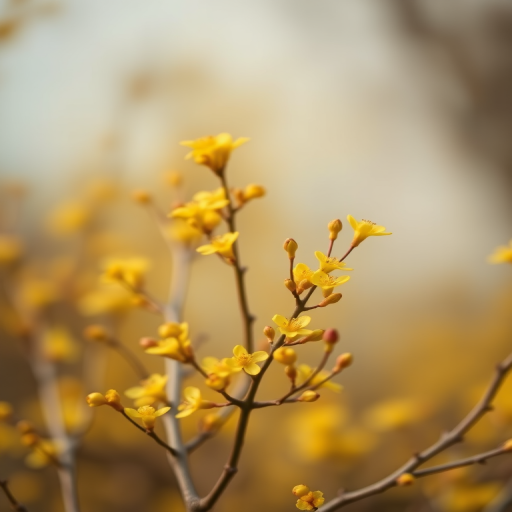 Create an artistic image of delicate yellow flowers on slender branches with a soft-focus background, using a Canon EOS R6 camera, focal length 50mm, aperture f/2.8, ISO 100, and a macro lens to enhance detail and create vibrant colors with a painterly effect.