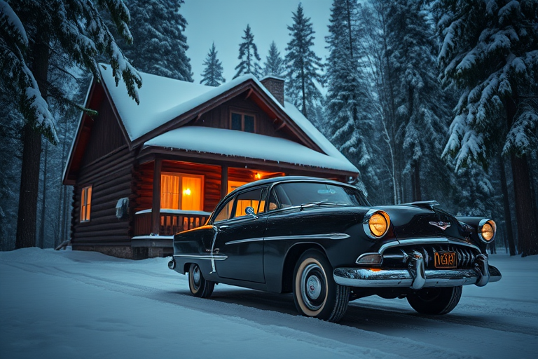 A vintage 1950s car parked in front of a cozy wooden cabin surrounded by a snowy forest at dusk, soft warm lights glowing from the windows, heavy snowfall, shot with a Canon EOS R5 at f/2.8, ISO 100, 24mm lens, wide-angle view, low angle, natural lighting with a hint of artificial light, HDR for enhanced contrast and detail.