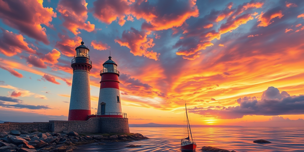 Create a detailed illustration of a lighthouse by the sea with a small boat in the foreground, captured with a DSLR camera at f/8 aperture, ISO 100, 24mm lens, HDR style, capturing a vibrant sunset sky with dramatic clouds and reflections on the water.