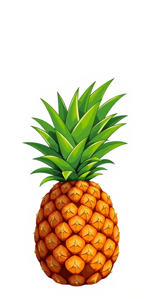 Create a stylized illustration of a pineapple with a textured body and vibrant green leaves on top, set against a plain white background.