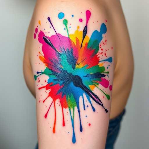 Watercolor splash tattoo known as "Chromatic Explosion" with vibrant paint splatters and drips in a rainbow of colors creating an abstract and dynamic design that appears to be in constant motion