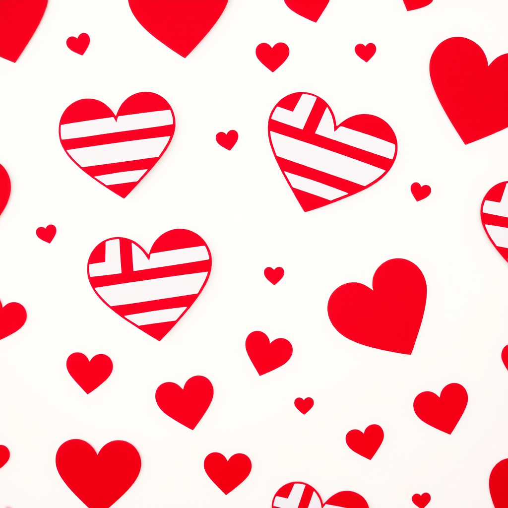 Create an image of a stylized heart pattern with large red hearts featuring white stripes, surrounded by smaller red hearts on a soft pastel background, using a DSLR camera with a 50mm lens at f/1.8, ISO 100, and a shallow depth of field for enhanced bokeh effect.