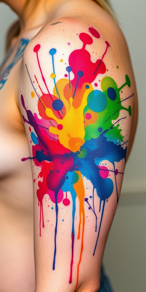 Watercolor splash tattoo known as "Chromatic Explosion" with vibrant paint splatters and drips in a rainbow of colors creating an abstract and dynamic design that appears to be in constant motion