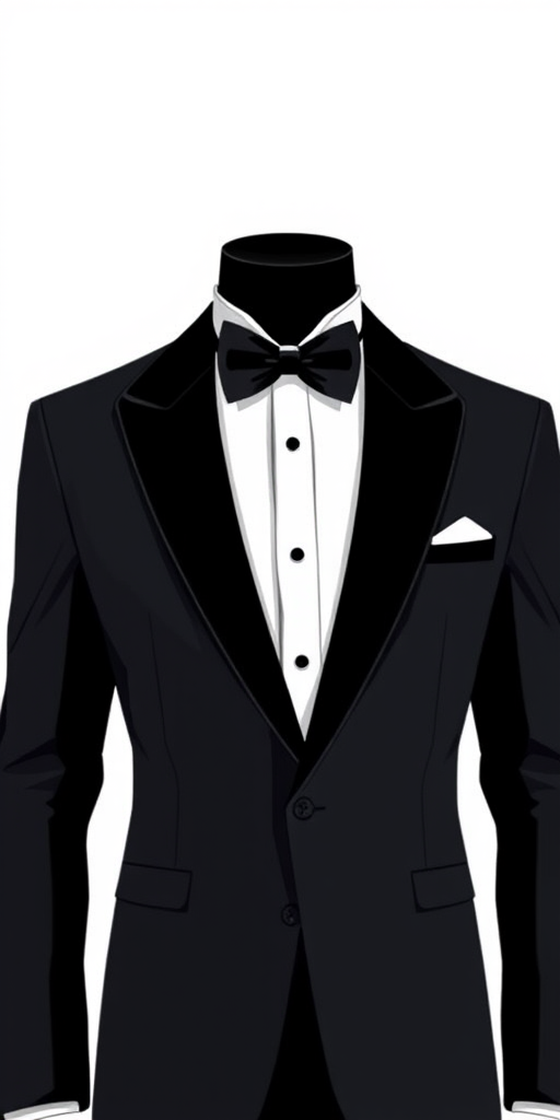 Create a high-quality digital illustration of a tuxedo with a black suit, white shirt, and black bow tie, using a Canon EOS R5 camera with a 50mm f/1.2 lens, set to ISO 100, aperture f/2.8, and a soft diffuse lighting style, captured in a frontal view against a plain white background.
