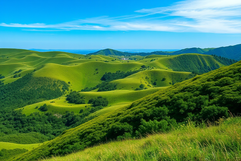 Create an image of a serene landscape with lush green hills and a clear blue sky, shot with a full-frame DSLR at f/8, ISO 100, 1/250s, using a wide-angle lens to capture the expansive view in vibrant colors and sharp detail.