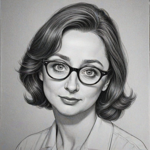 Beauteous Rachel Dratch, pencil sketch, portrait of Dazzling woman 1951s in glasses, hair style beatnik, outline, clear lines, fine lines, 8k