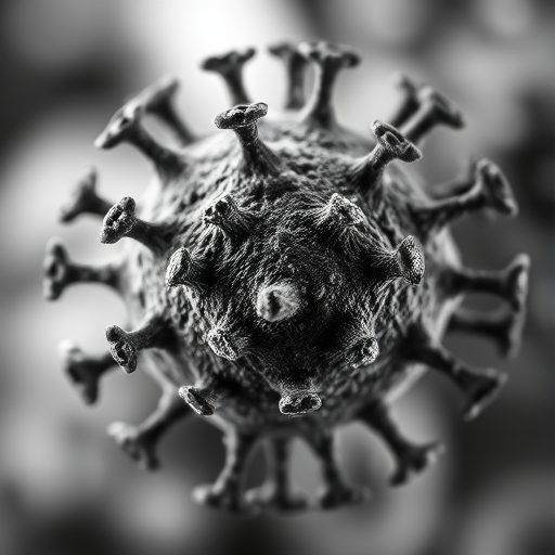 highly detailed close-up of a virus structure, monochrome style, soft focus background, ISO 100, f/11 aperture, 50mm macro lens, natural light, shallow depth of field