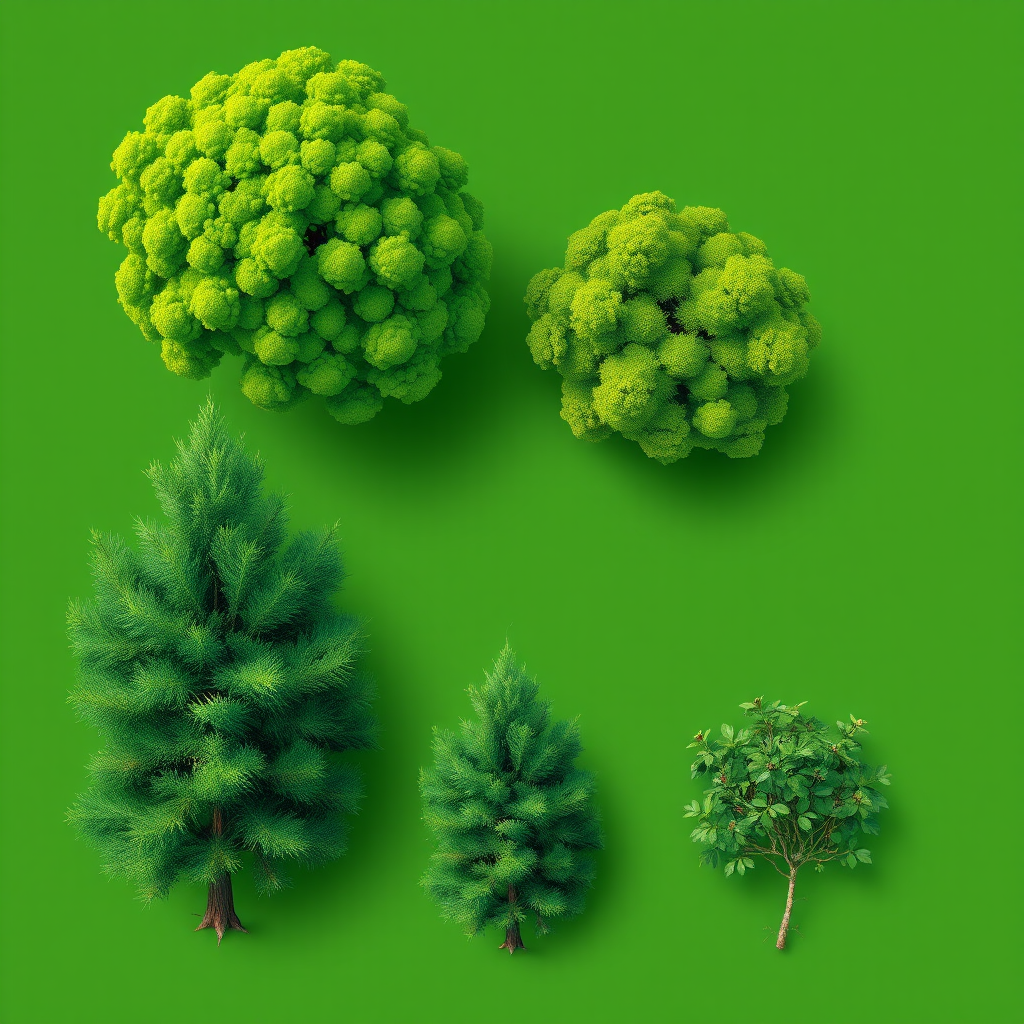 Generate a detailed vector illustration of various tree types including a broadleaf tree, conifer, and a small shrub, with a bright green color palette, focusing on realistic textures and shapes; camera settings: f/8 aperture, ISO 100, 1/200 sec shutter speed; camera view: overhead view; camera style: high-definition; camera type: DSLR.