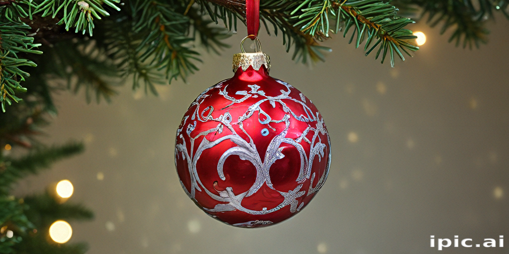 Beautifully Decorated Red Christmas Ornament Hanging on a Tree Branch