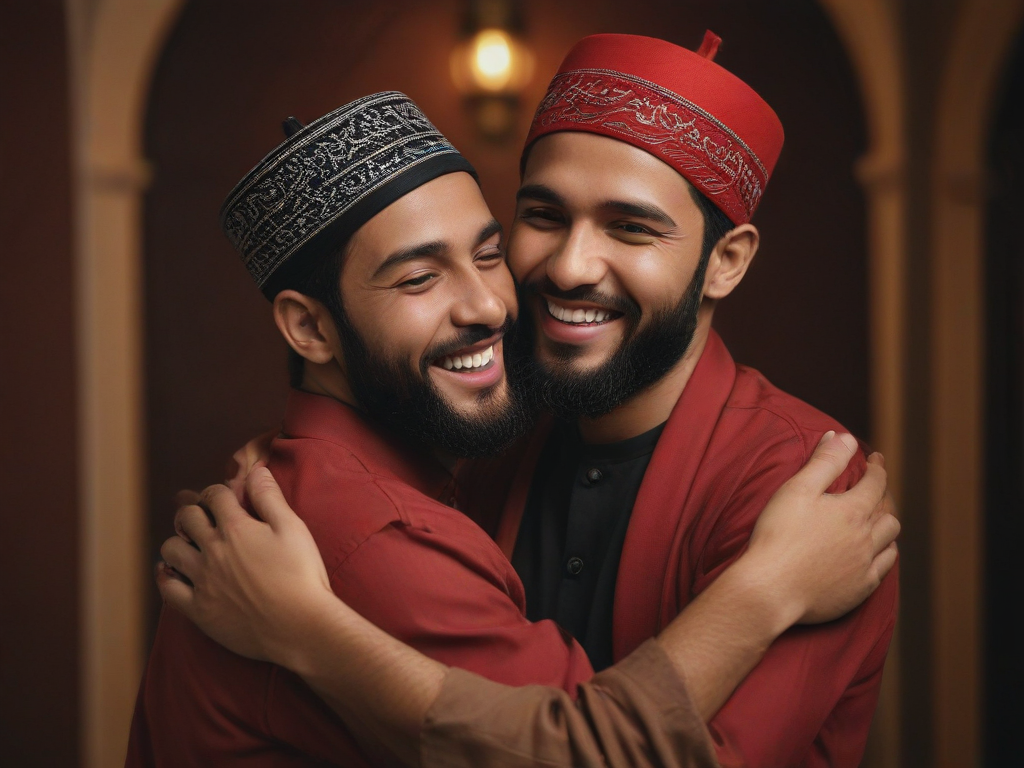 two muslim men hug each other with smile red and black asthetic lighting