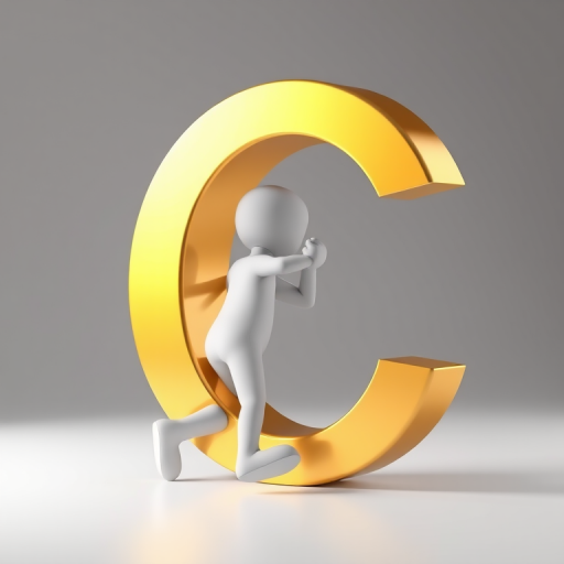 Generate a high-resolution 3D rendering of a stylized white figure pushing a large golden letter C, with a softbox lighting setup, close-up shot, shallow depth of field, DSLR camera, f/2.8 aperture, ISO 100, 50mm lens.
