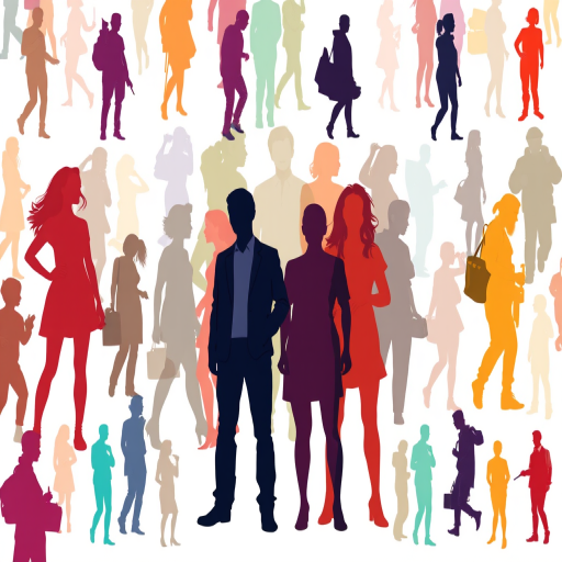 Generate an abstract illustration of diverse silhouettes of people in various poses and colors, use a DSLR camera, set aperture to f/2.8, ISO 100, shutter speed 1/60s, with a high dynamic range view and a soft focus style.