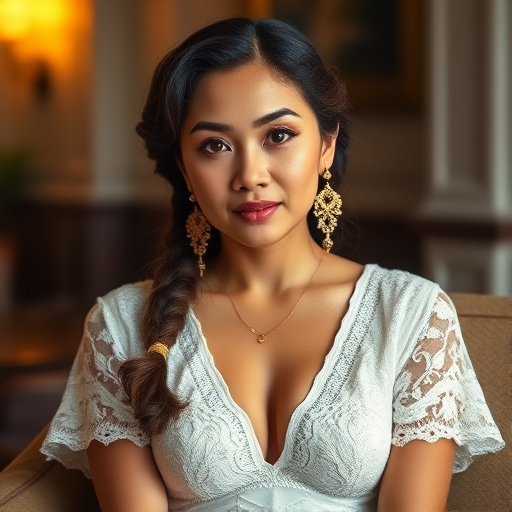 Create a portrait of a refined and elegant Hawaiian woman seated in a sophisticated setting. She has long, wavy hair styled in two thick braids that are pulled over her shoulders. She wears a white, lace gown with intricate patterns, featuring a deep V-neckline and short sleeves. The dress exudes a vintage charm with its delicate lacework. She is adorned with ornate, dangling earrings that add a touch of glamour to her appearance. The background is softly lit, with warm, ambient lighting that creates a cozy and inviting atmosphere. Her expression is poised and serene, capturing a sense of grace and elegance.