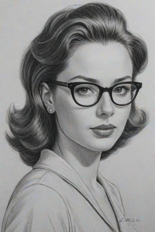 Alluring Kaitlyn Doubleday, pencil sketch, portrait of Attractive woman 1954s in glasses, hair style beatnik, outline, clear lines, fine lines, 8k