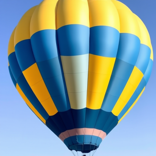 Create a vibrant and colorful illustration of a hot air balloon featuring alternating blue and yellow stripes, captured in a bright and clear daytime setting using a DSLR camera at f/8 aperture, ISO 100, and a 50mm lens to enhance image quality with a shallow depth of field.