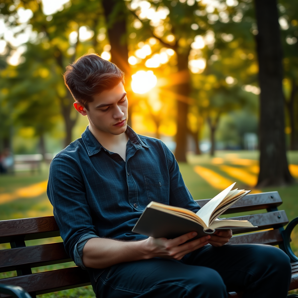 Young man reading a book on a park bench with sunlight filtering through trees, shallow depth of field, golden hour lighting, DSLR camera, aperture f/2.8, ISO 100, 50mm lens, soft bokeh effect.