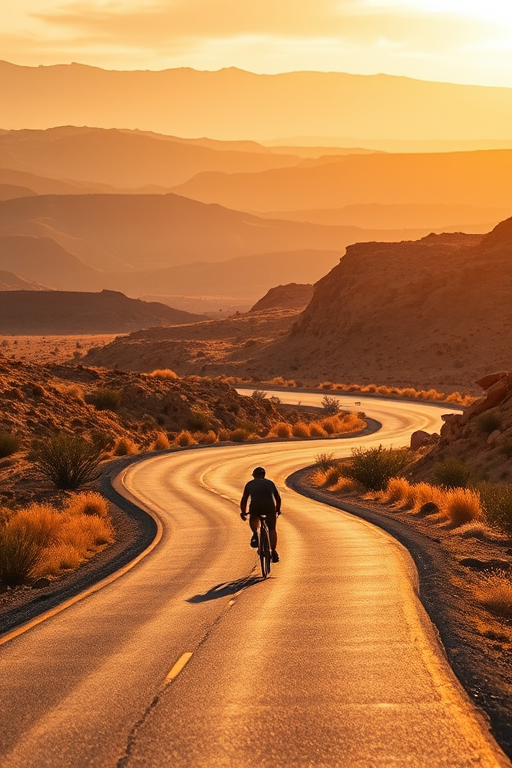 a lone cyclist riding on a winding road through a dramatic desert landscape with layered hills in the background captured in golden hour lighting, settings: ISO 100, aperture f/4, shutter speed 1/500s, camera view: wide angle, camera style: high contrast, camera type: DSLR