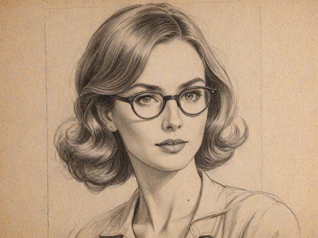 Enticing Maroon 5, pencil sketch, portrait of Enchanting woman 1945s in glasses, hair style beatnik, outline, clear lines, fine lines, 8k