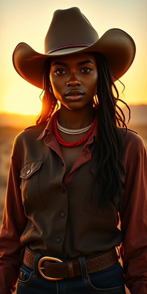 Dramatic photo of a beautiful African American woman, classic cowboy attire, confident and free spirit expression, half-length portrait, centered, golden hour desert landscape, warm, diffused light, low angle, medium format film camera, in style of Annie Leibovitz.