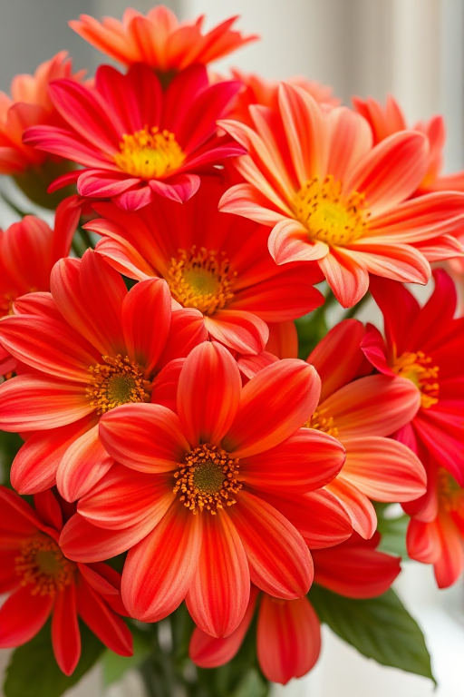Create a vibrant illustration of a bouquet featuring red and peach flowers with yellow centers and green leaves, using a Canon EOS R5 with a 50mm lens, aperture f/2.8, ISO 100, with a shallow depth of field and soft natural lighting.