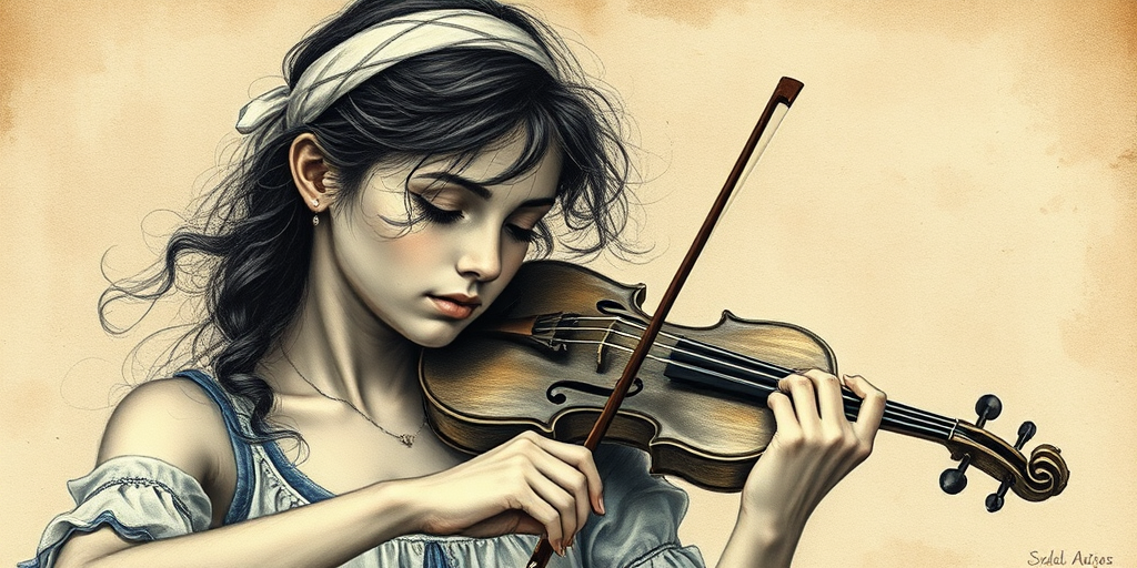 a young Romani woman with a white headband playing a violin, in the style of a charcoal drawing, sepia grunge background