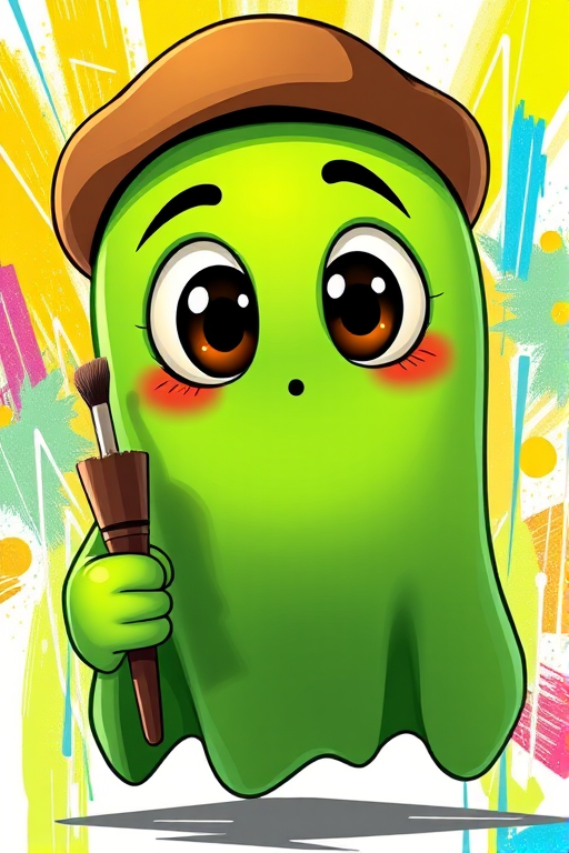 Create a vibrant cartoon-style illustration of a green ghost character with large expressive eyes, wearing a brown beret and holding a paintbrush, set against a bright abstract background, shot with a Canon EOS 5D Mark IV at f/2.8, ISO 100, 50mm lens, with natural soft lighting and a slight depth of field to emphasize the character.