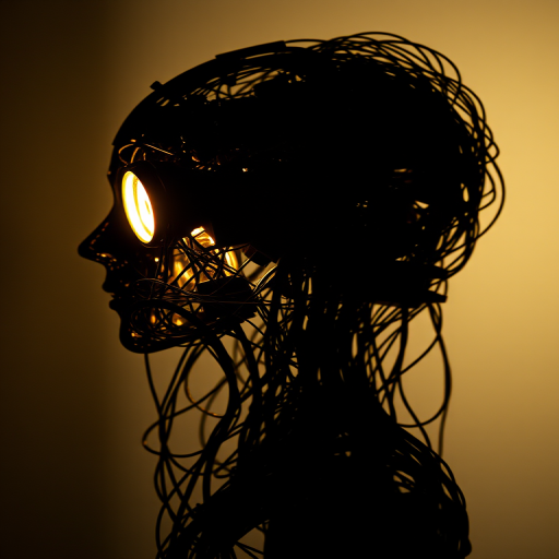 Sideview of a wired-cyborg Made intricate mechanical parts and wires, the light shines through the desolate head, Silhouette Made of wires and cables, moody, golden hour lighting, volumetric lighting