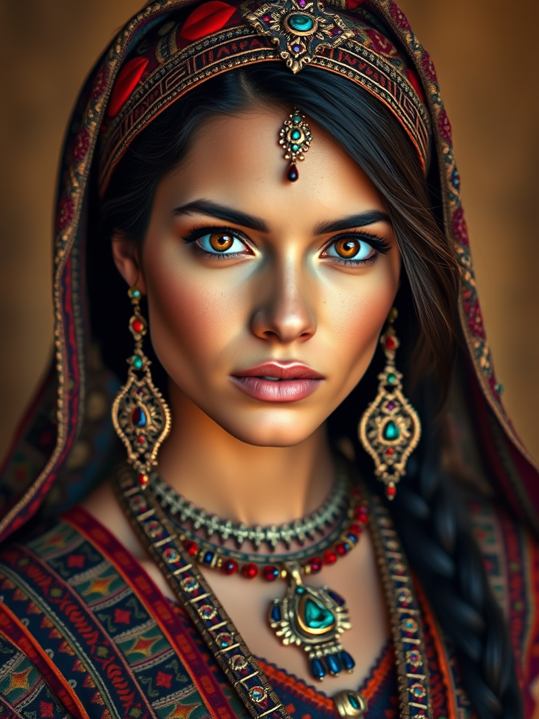 Create a portrait of a beautiful Aztec woman with striking brown eyes and a gentle expression. She is adorned in traditional attire with intricate patterns, including a richly embroidered headscarf and matching garments. Her jewelry includes a delicate headpiece, dangling earrings, and ornate bracelets, all featuring vibrant gemstones and detailed metalwork. The background is soft and warm, enhancing the rich colors of her outfit and jewelry.