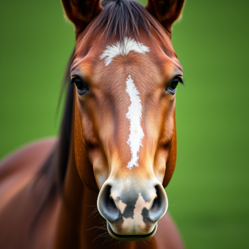 Create a highly detailed portrait of a brown horse with a white stripe on its face, set against a solid green background, captured with a Canon EOS R5, 85mm lens, f/1.4 aperture, natural light, shallow depth of field for a soft background blur.